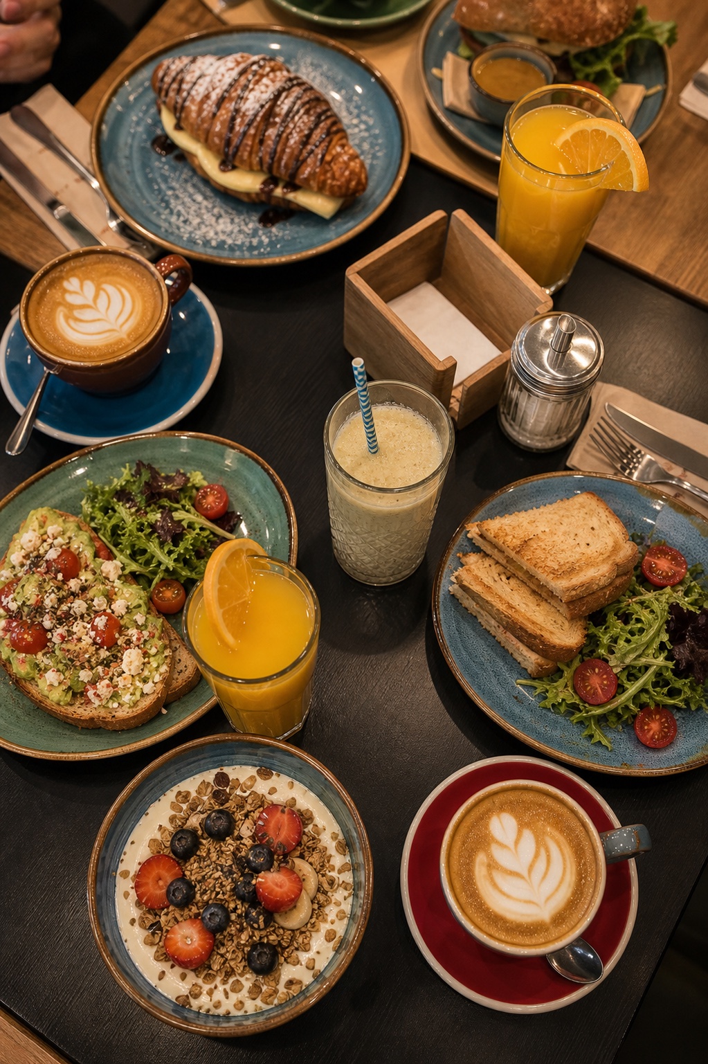 Mesa completa de brunch con cafés, zumos, dulces y platos salados