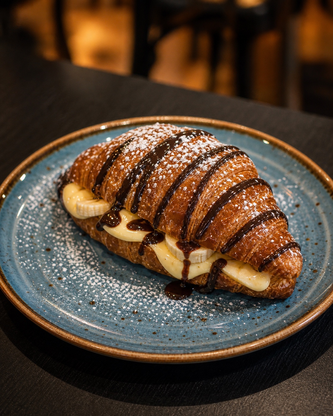 Croissant relleno con chocolate en plato azul