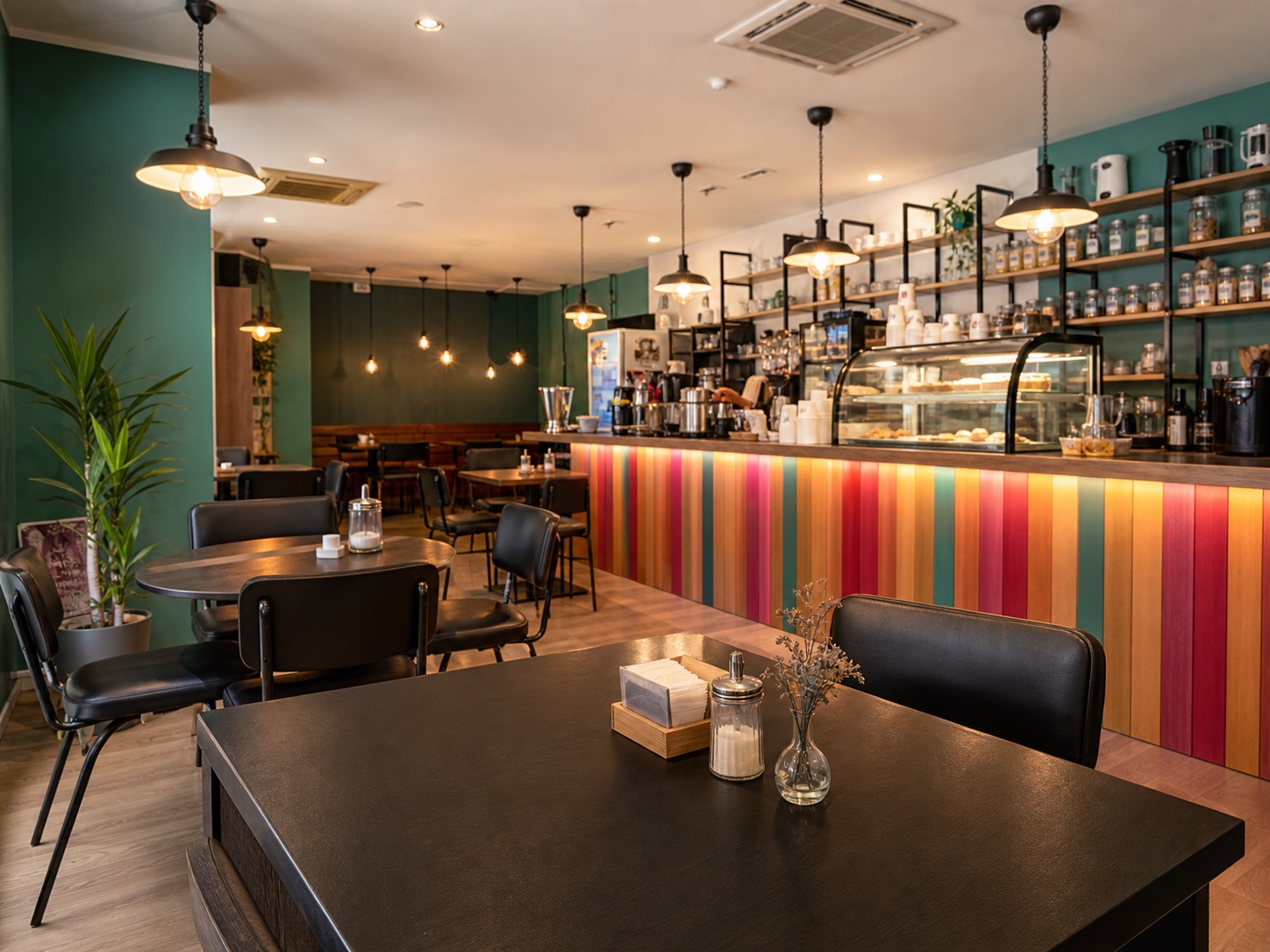 Interior colorido y amplio de Macchiato Coffee Shop en Iturrama