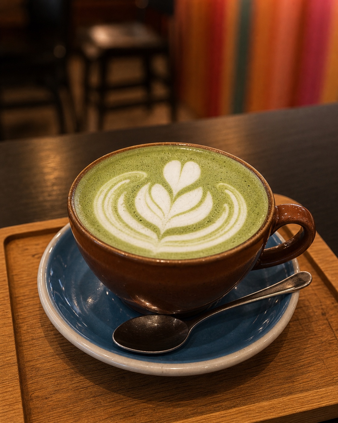 Matcha latte con latte art servido en taza